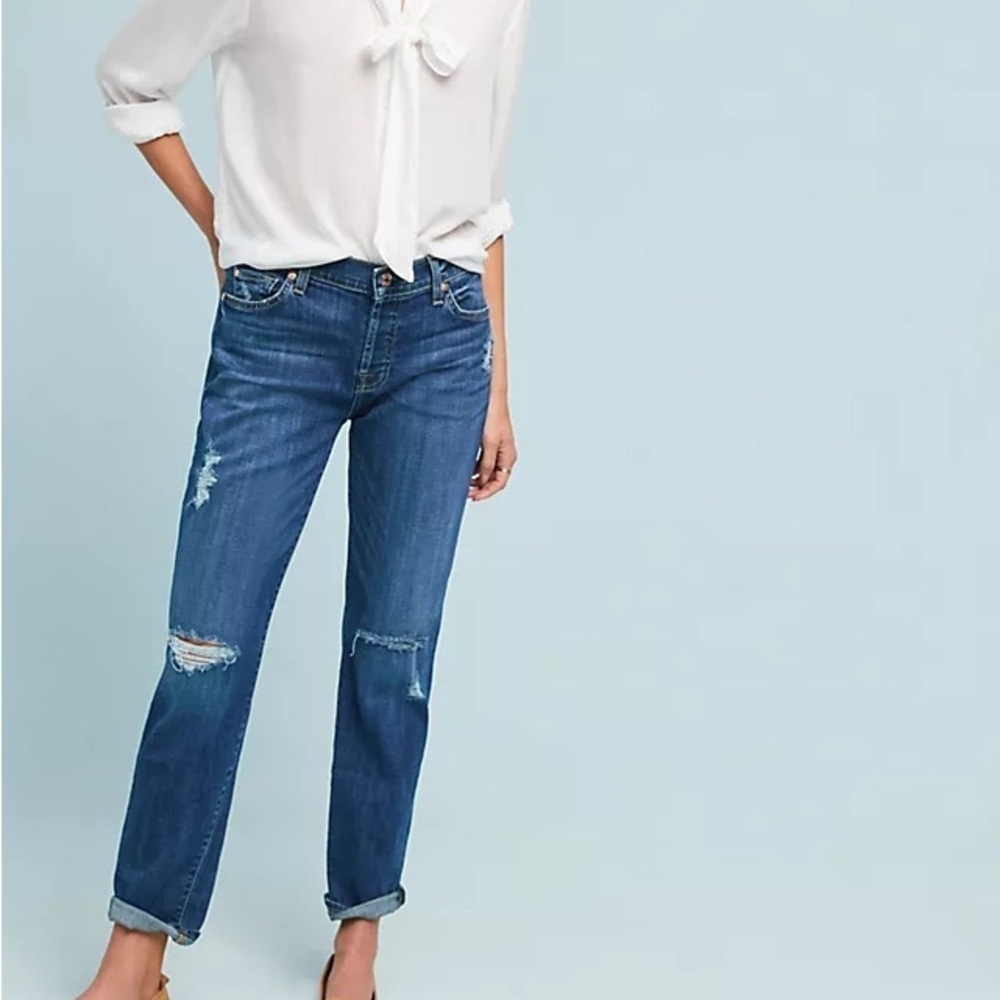 7 For All Mankind Josefina Skinny Boyfriend Crop Stretch Jeans distressed Knee
